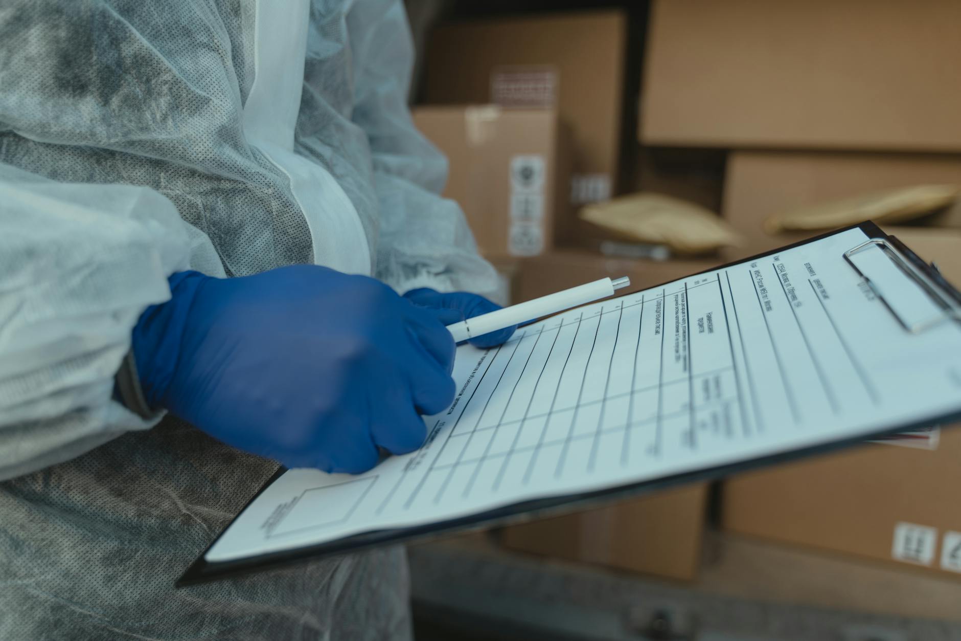 Inspeção alfandegária de carga: fiscal verificando documentação de importação em recinto aduaneiro